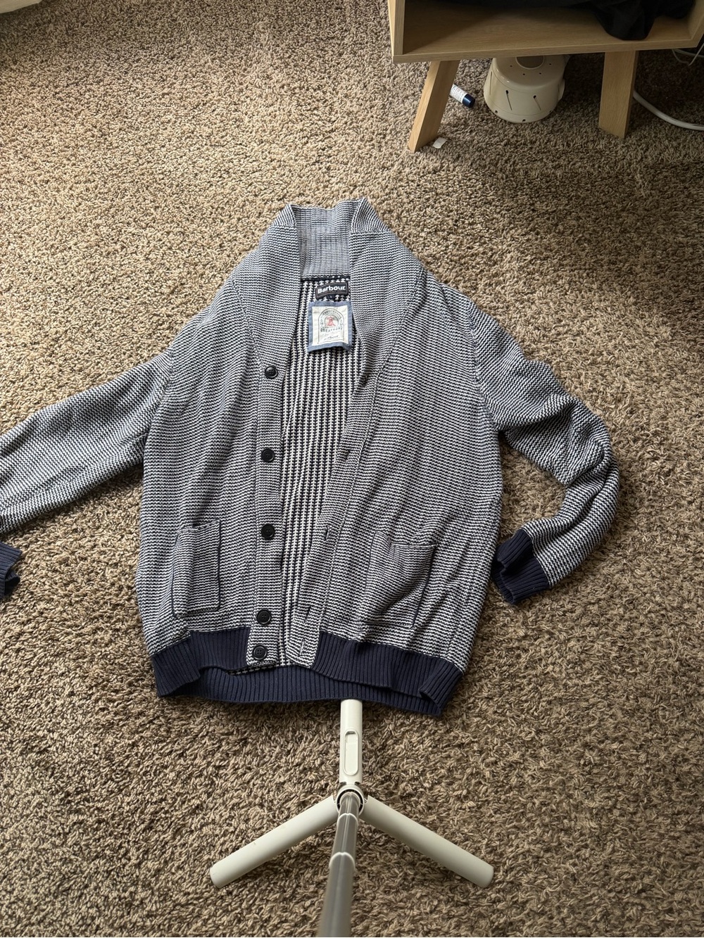 Barbour Navy and White Shawl-Collar Lightweight Cardigan Jacket